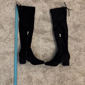 Lulu's Black Over-the-Knee Boots SZ 10 Stretchy Faux Suede Fabric 25.5 Tall